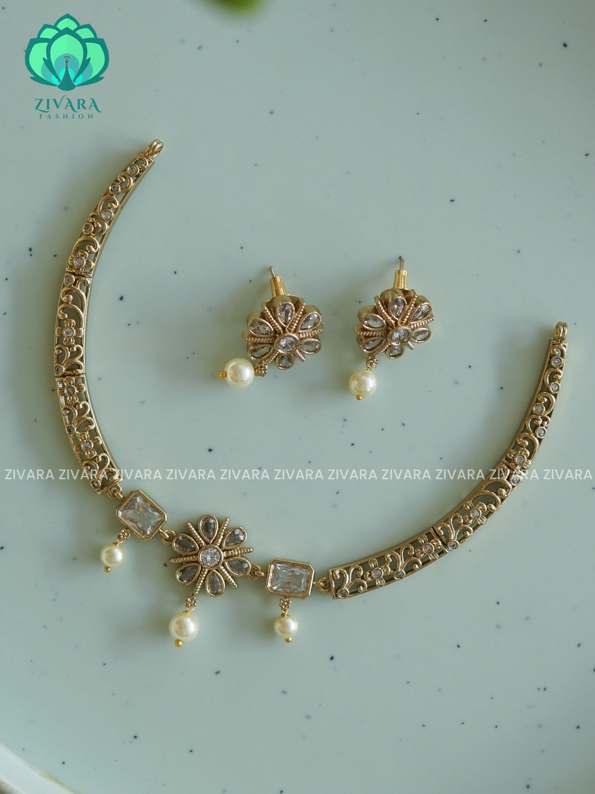 WHITE KIDS FRIENDLY FLORAL HASLI Traditional south indian premium neckwear with earrings- Zivara Fashion- latest jewellery desigN