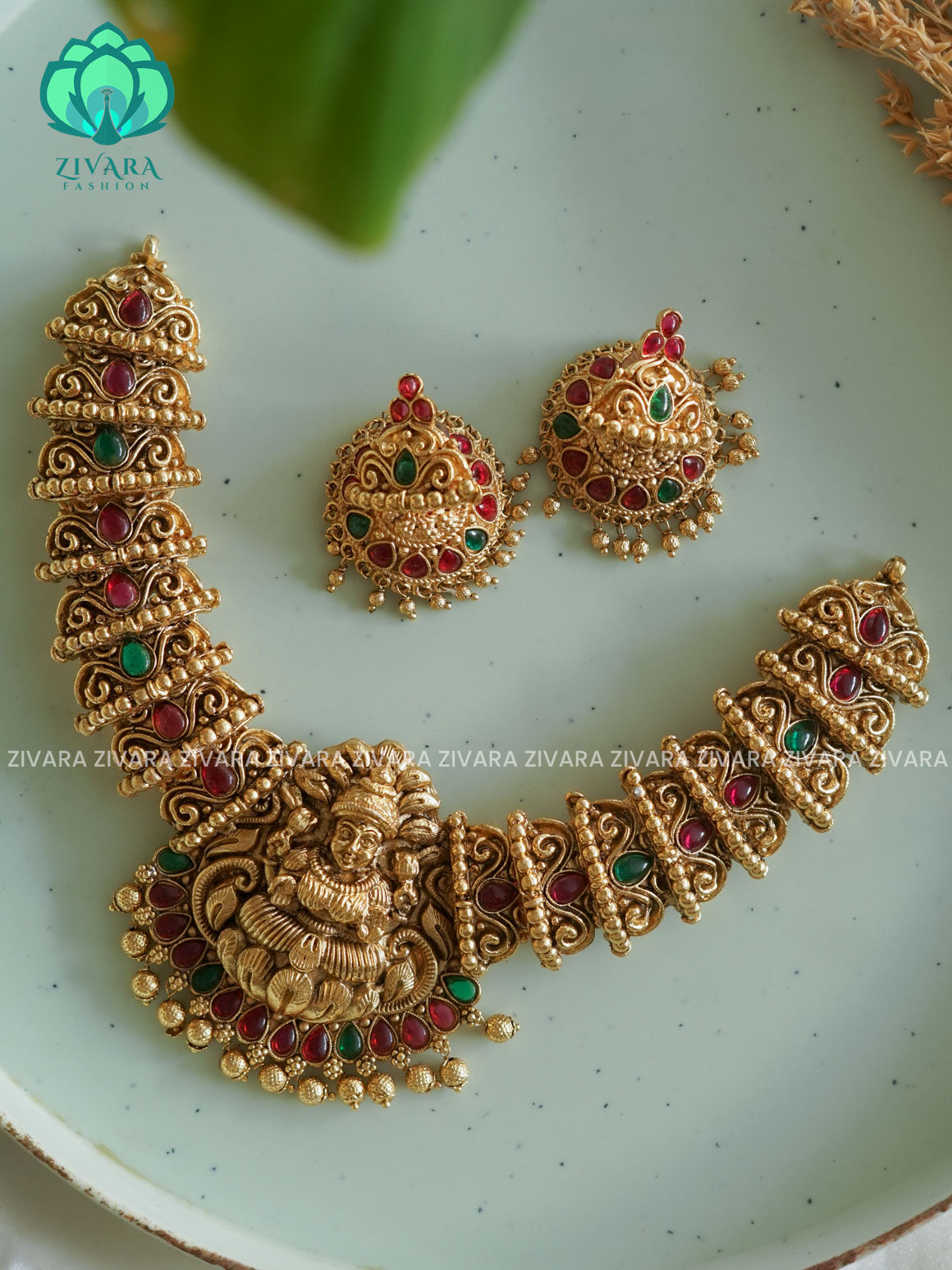 HEAVY TEMPLE NECKWEAR  -Traditional south indian NORMAL MATTE PALLAKAD neckwear with earrings- Zivara Fashion- latest jewellery design