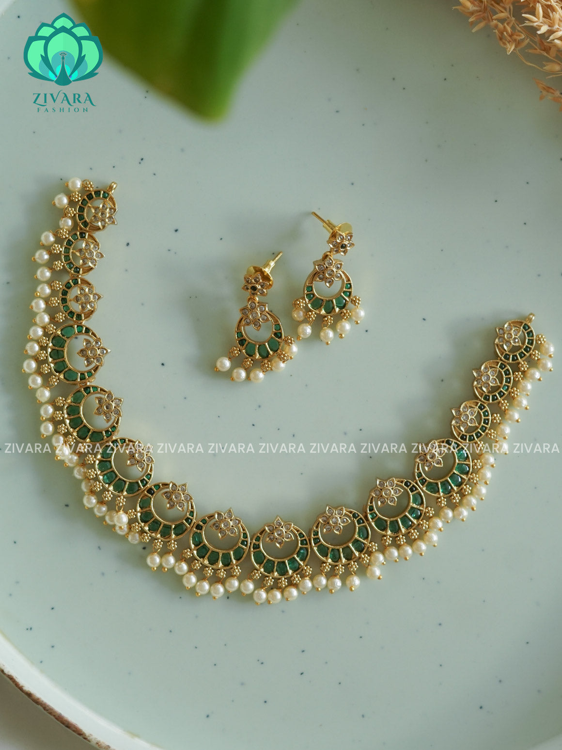Green - Bridal real kemp stone moon -Traditional south indian premium neckwear with earrings- Zivara Fashion- latest jewellery design