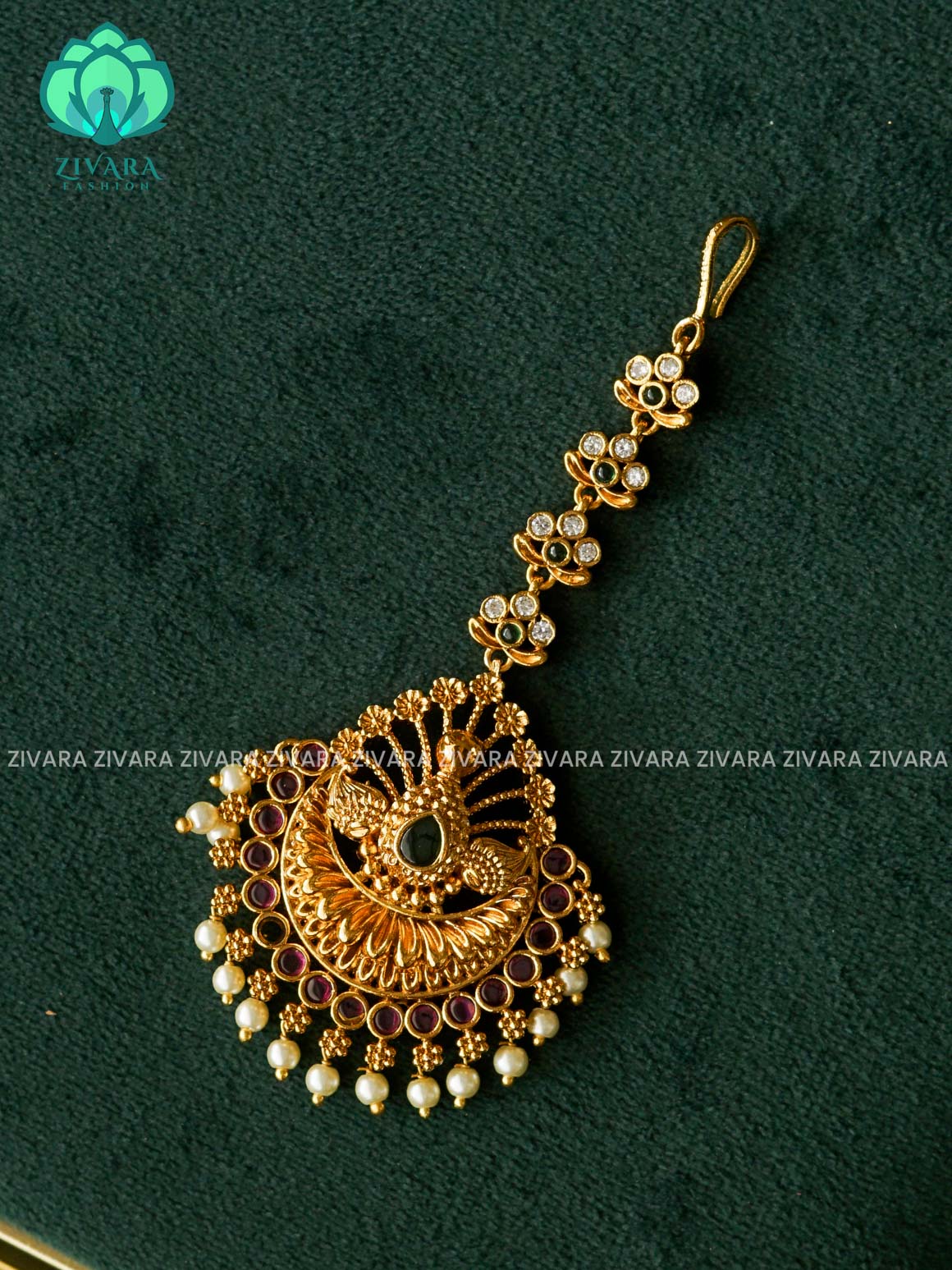 RUBY GREEN  PEACOCK  chutti WITH GREEN BEADS HANGINGS bridal head accessory- latest bridal collection - Zivara fashion