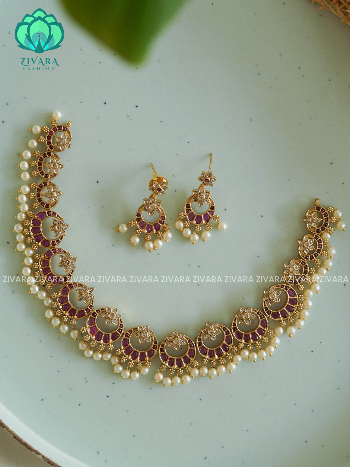 Ruby- Bridal real kemp stone moon -Traditional south indian premium neckwear with earrings- Zivara Fashion- latest jewellery design