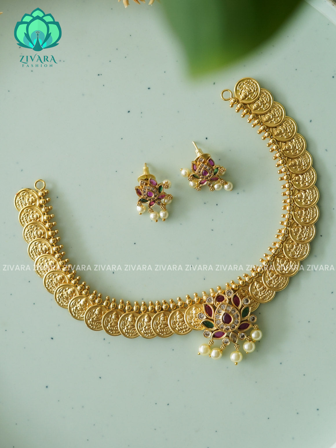 LOTUS pendant coin  - Traditional south indian premium neckwear with earrings- Zivara Fashion- latest jewellery design.
