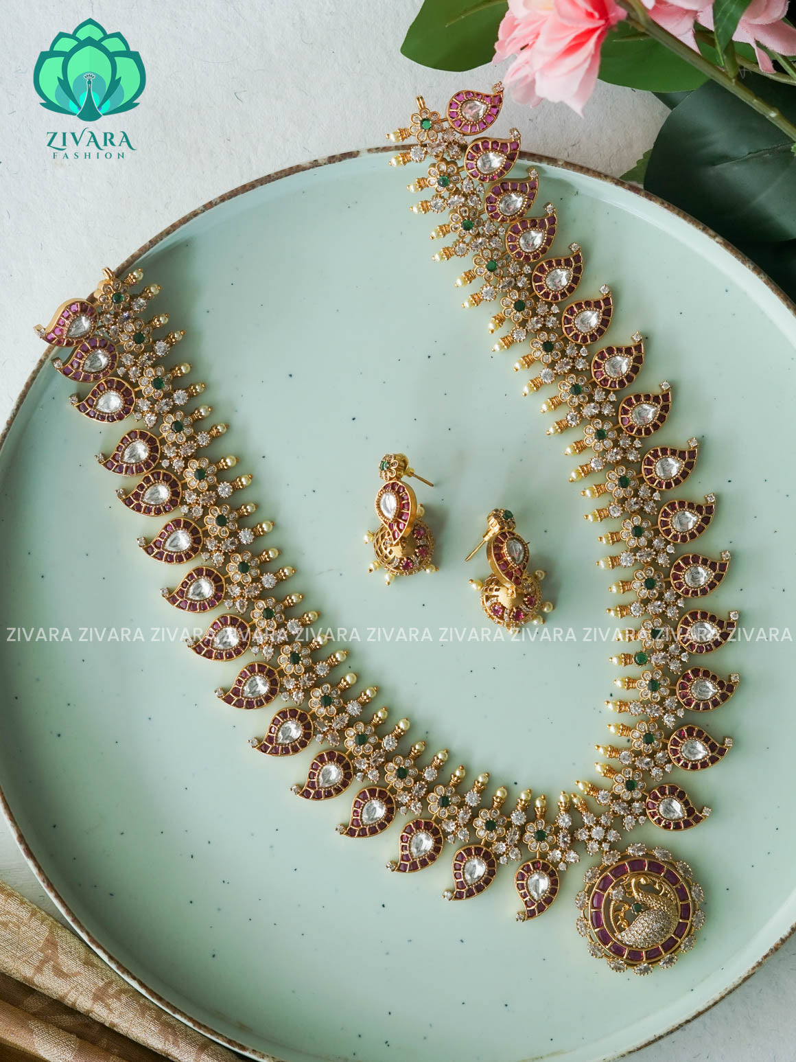 BRIDAL MANGO STONE  REAL KEMP - Traditional PREMIUM MATTE polish MIDCHEST haaram/neckwear with earrings- Zivara Fashion