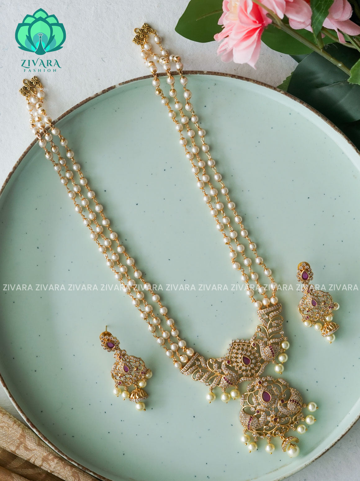 RUBY - PEACOCK -PEARL CHAIN - Traditional PREMIUM MATTE polish MIDCHEST haaram/neckwear with earrings- Zivara Fashion