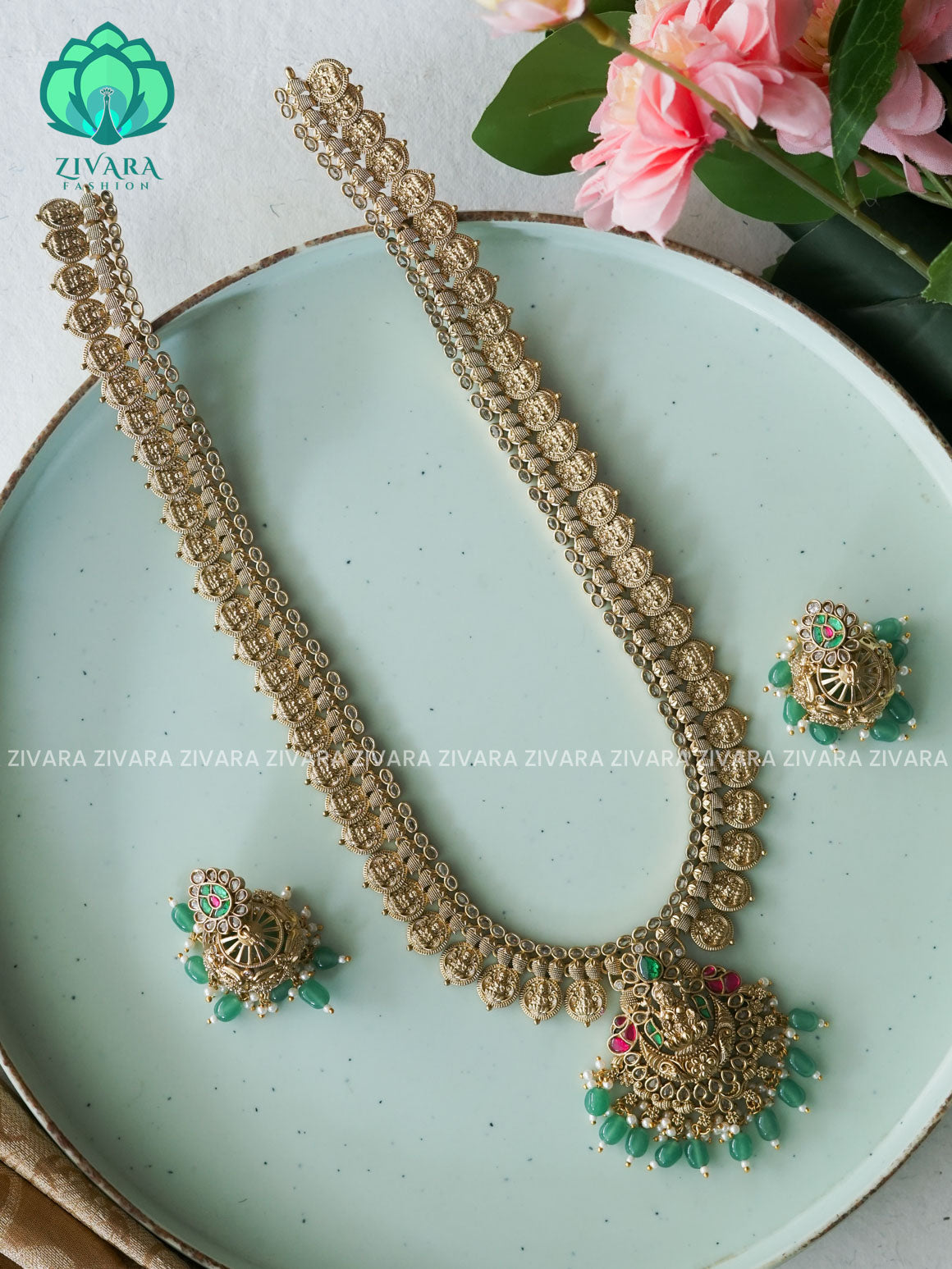 JADAU GREEN BEADS TEMPLE BRIDAL - Traditional PREMIUM MATTE polish MIDCHEST haaram/neckwear with earrings- Zivara Fashion