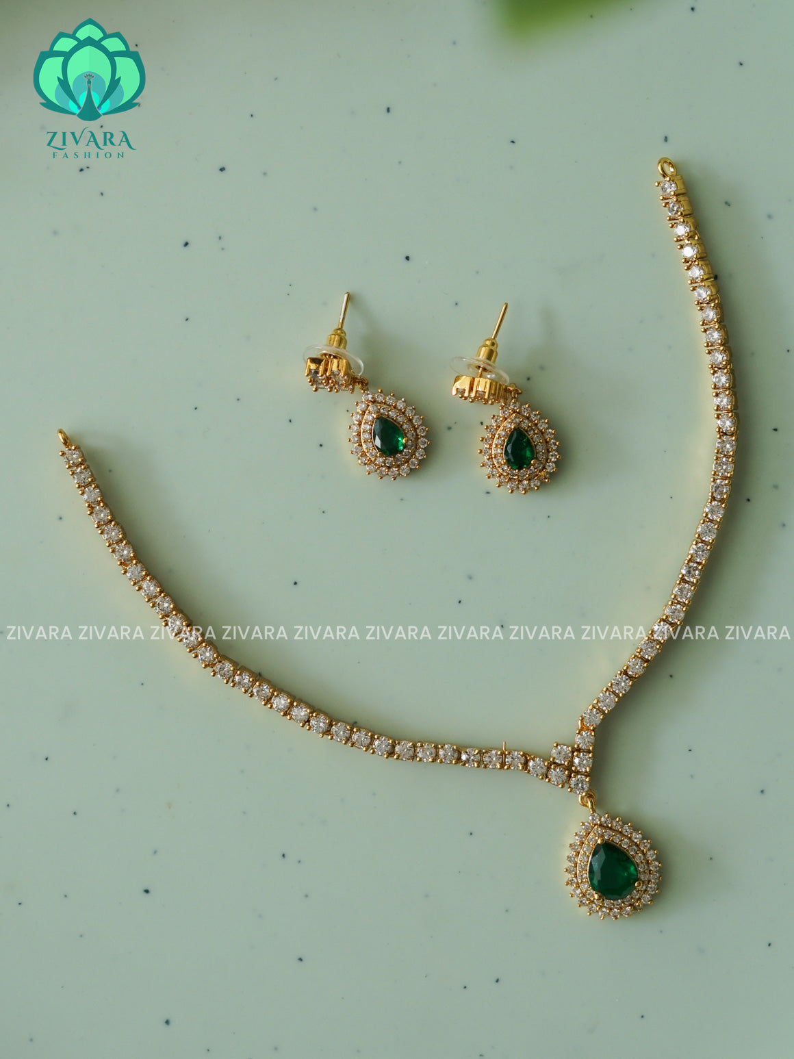 GREEN SIMPLE SMALL SIZE TEAR - FLEXIBLE CHAIN WITH HANGING -Traditional south indian premium neckwear with earrings- Zivara Fashion- latest jewellery design