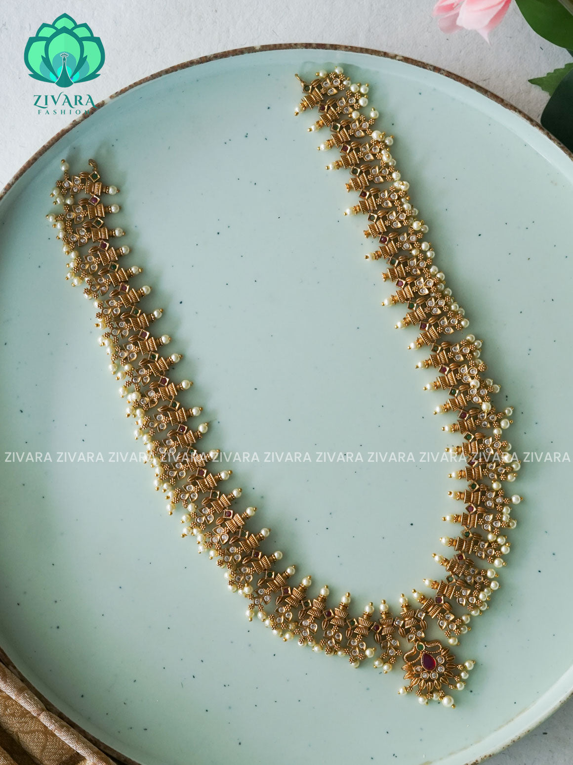 BRIDAL PREMIUM GUTTAPUSALU HAARAM- Traditional PREMIUM MATTE polish MIDCHEST haaram/neckwear without earrings- Zivara Fashion