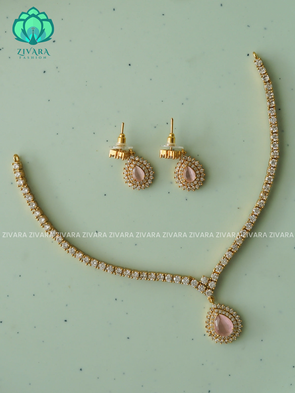 PINK SIMPLE SMALL SIZE TEAR - FLEXIBLE CHAIN WITH HANGING -Traditional south indian premium neckwear with earrings- Zivara Fashion- latest jewellery design