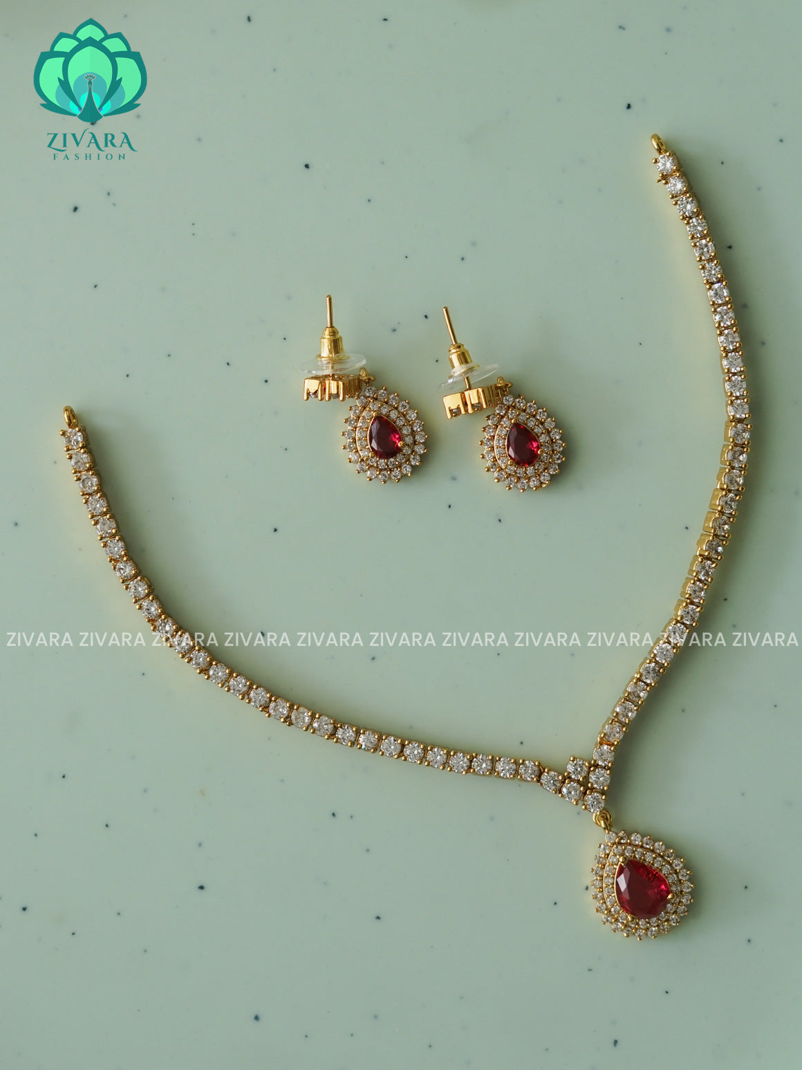 RUBY  SIMPLE SMALL SIZE TEAR - FLEXIBLE CHAIN WITH HANGING -Traditional south indian premium neckwear with earrings- Zivara Fashion- latest jewellery design