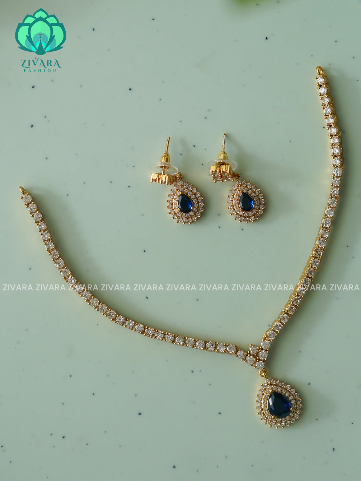 BLUE  SIMPLE SMALL SIZE TEAR - FLEXIBLE CHAIN WITH HANGING -Traditional south indian premium neckwear with earrings- Zivara Fashion- latest jewellery design