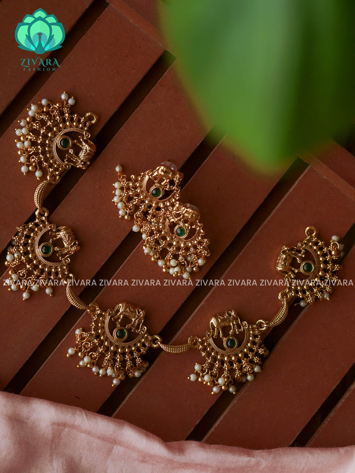 Green Elephant - Normal matte NECKWEAR  with earrings-latest south indian jewellery