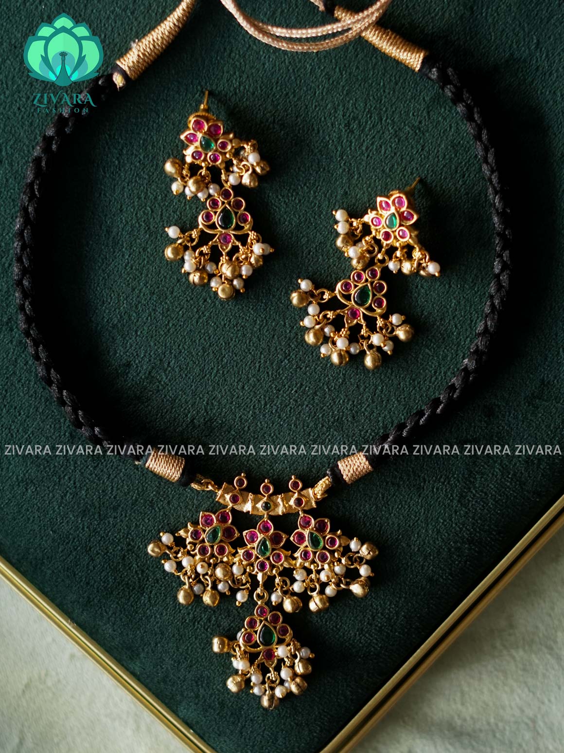 BLACK ROPE NECKWEAR WITH REAL KEMP STONE PENDANT - Traditional PREMIUM MATTE polish neckwear with earrings- Zivara Fashion
