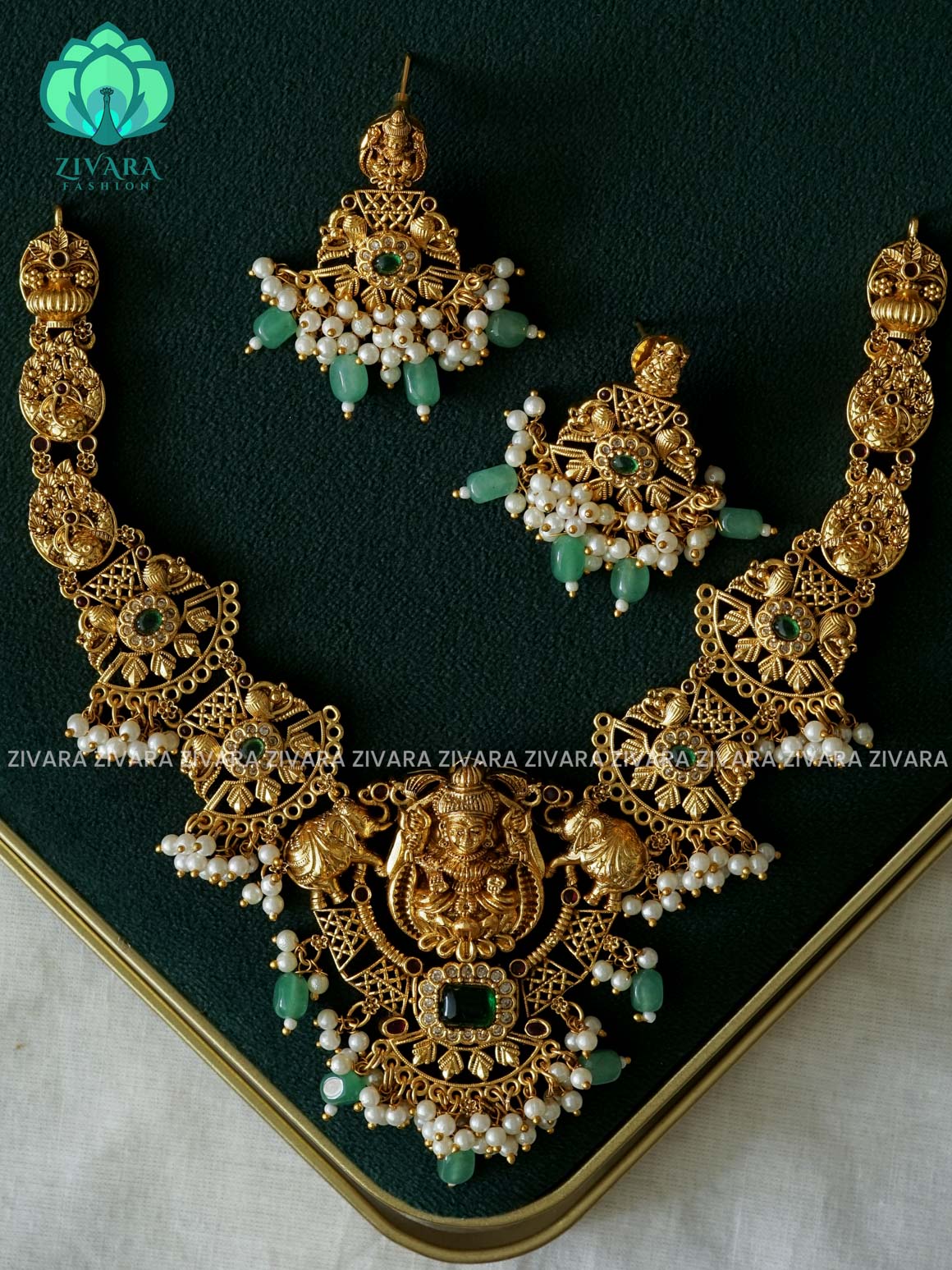 AKSHAYAM -  ELEPHANT TEMPLE  NECKWEAR WITH  HANGINGS  - Traditional south indian premium neckwear with earrings- Zivara Fashion- latest jewellery design