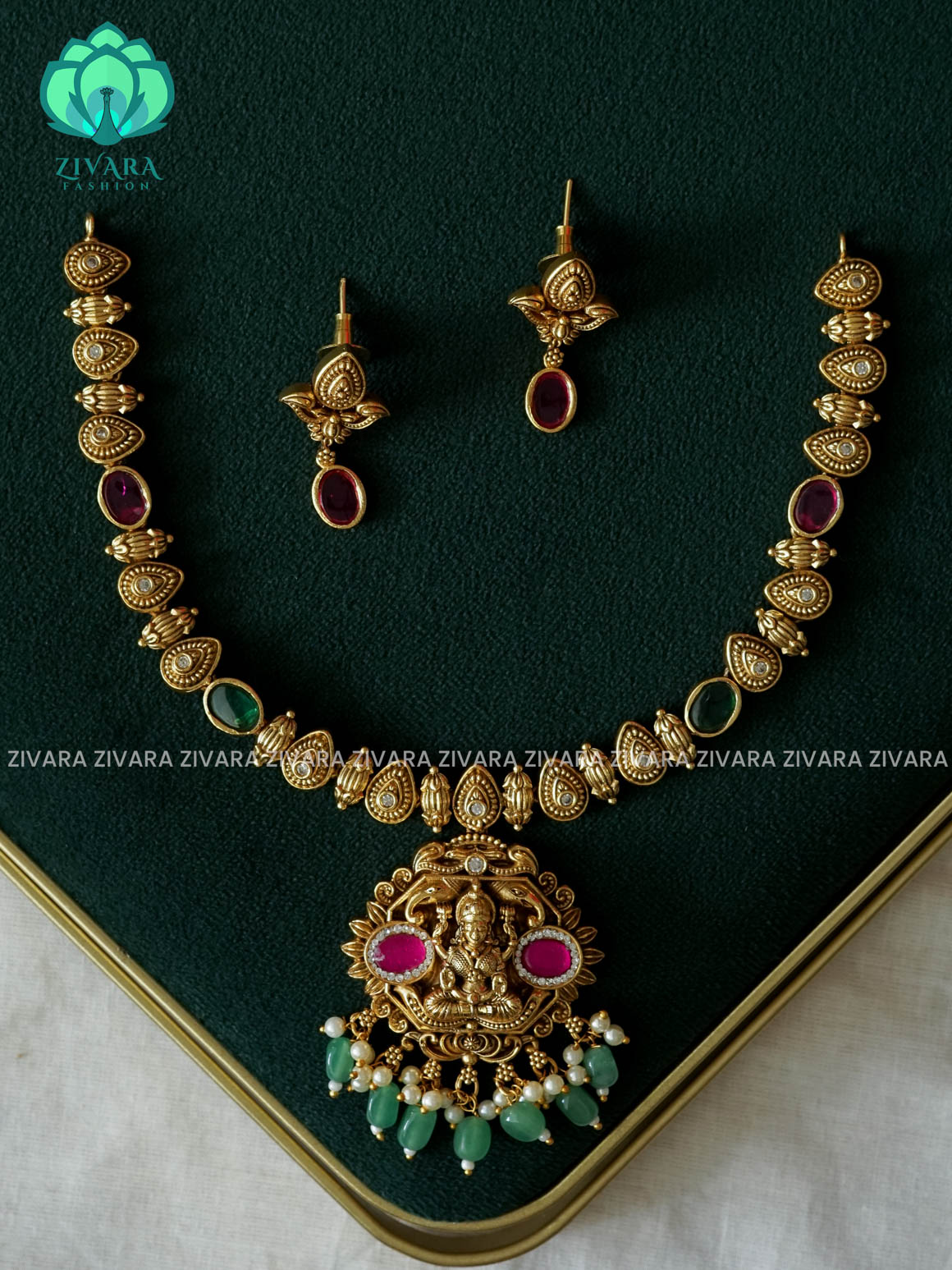 Akshayam - TEMPLE NECKWEAR WITH HANGINGS BEADS - bridal temple neckwear -Traditional south indian premium neckwear with earrings- Zivara Fashion- latest jewellery design