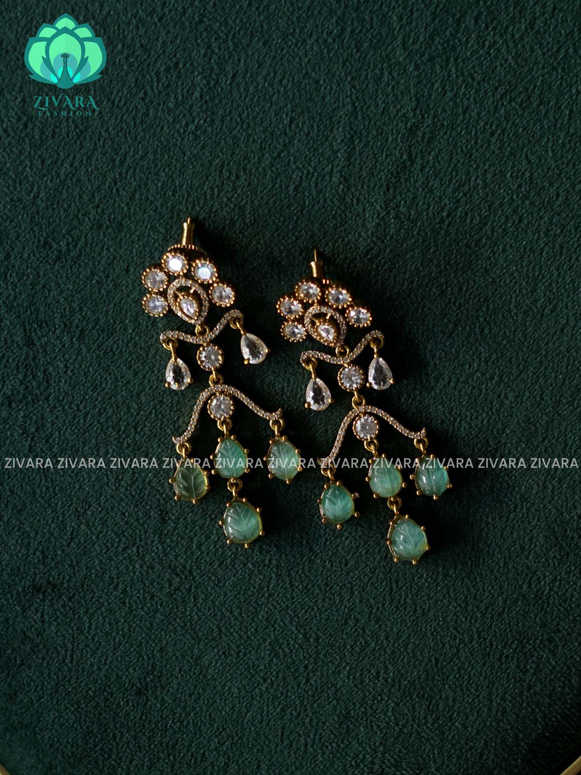 PASTEL GREEN - TEAR HANGING stylish - GOLD polish finish hanging with studs- latest jewellery collection- zivara fashion