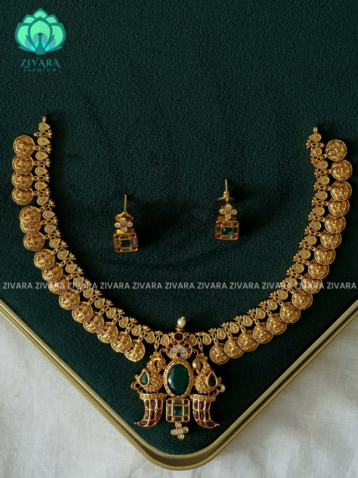 REAL KEMP STONE COIN WITH PEACOCK PENDANT -Traditional south indian premium neckwear with earrings- Zivara Fashion- latest jewellery design