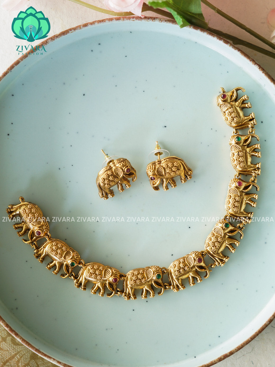 ELEPHANT - Traditional south indian NORMAL MATTE neckwear with earrings - Zivara Fashion