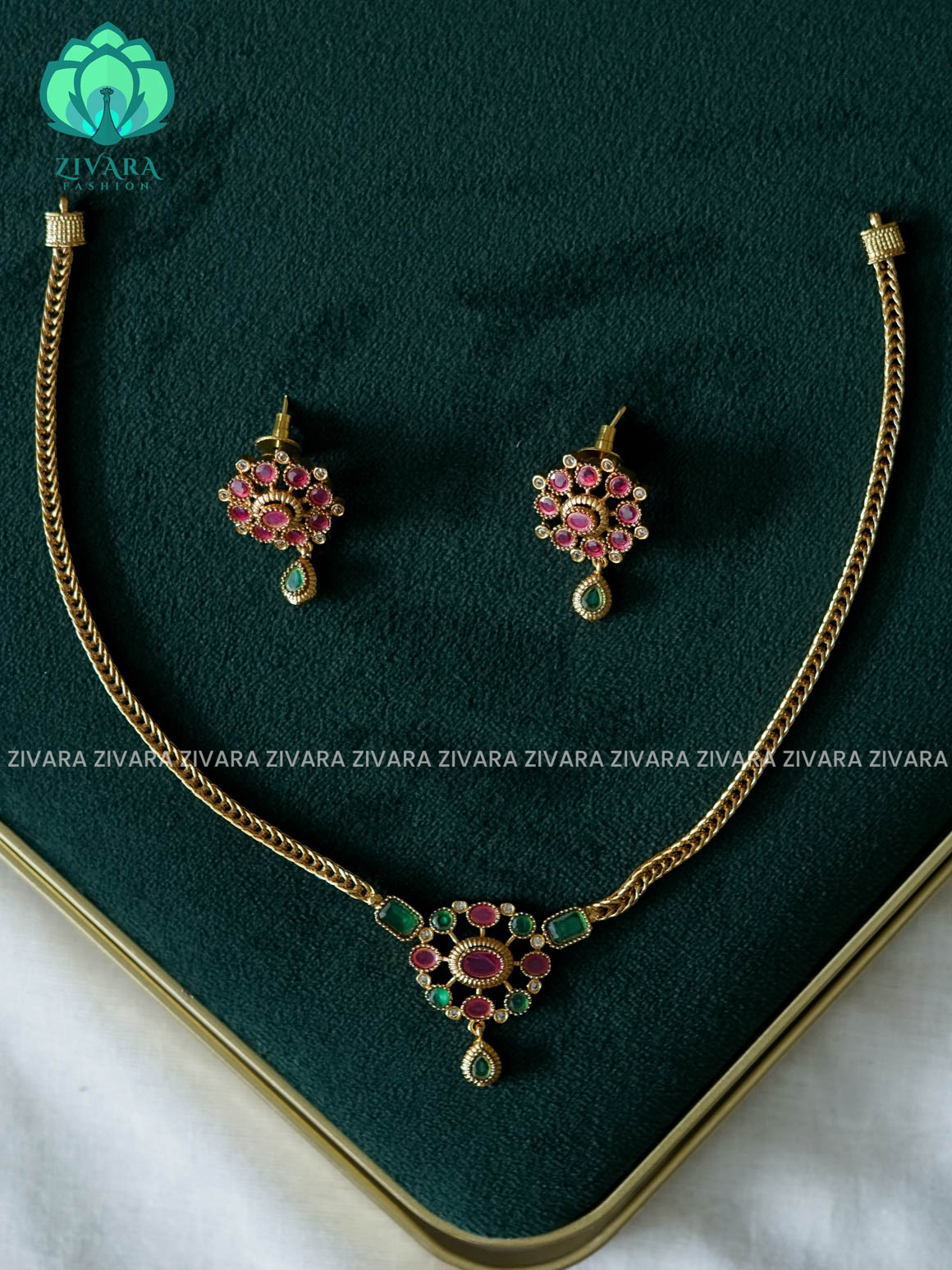 RUBY GREEN  FLORAL - FLEXIBLE CHAIN  - Traditional south indian premium neckwear - Zivara Fashion- latest jewellery design