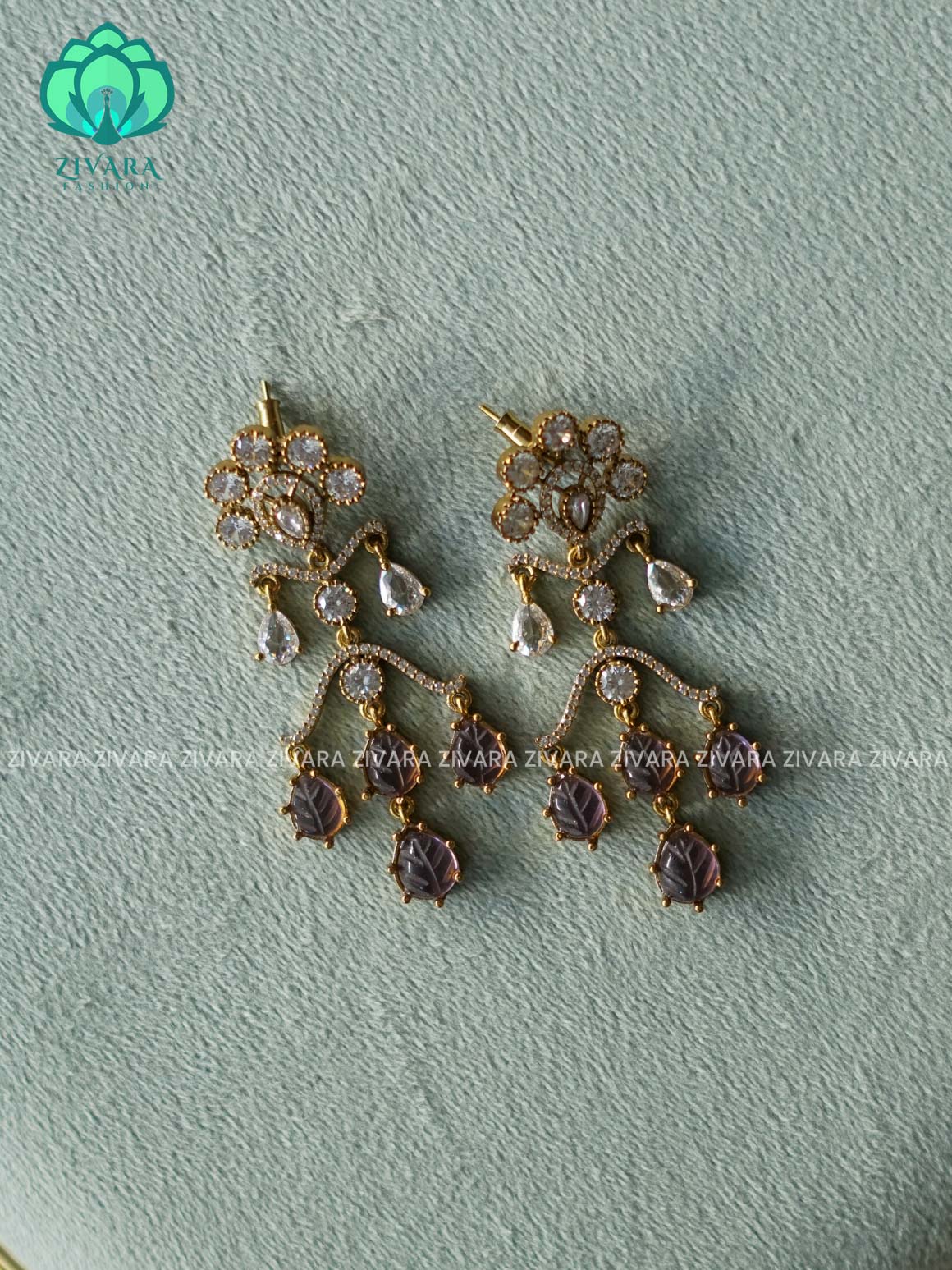 PURPLE - TEAR HANGING stylish - GOLD polish finish hanging with studs- latest jewellery collection- zivara fashion