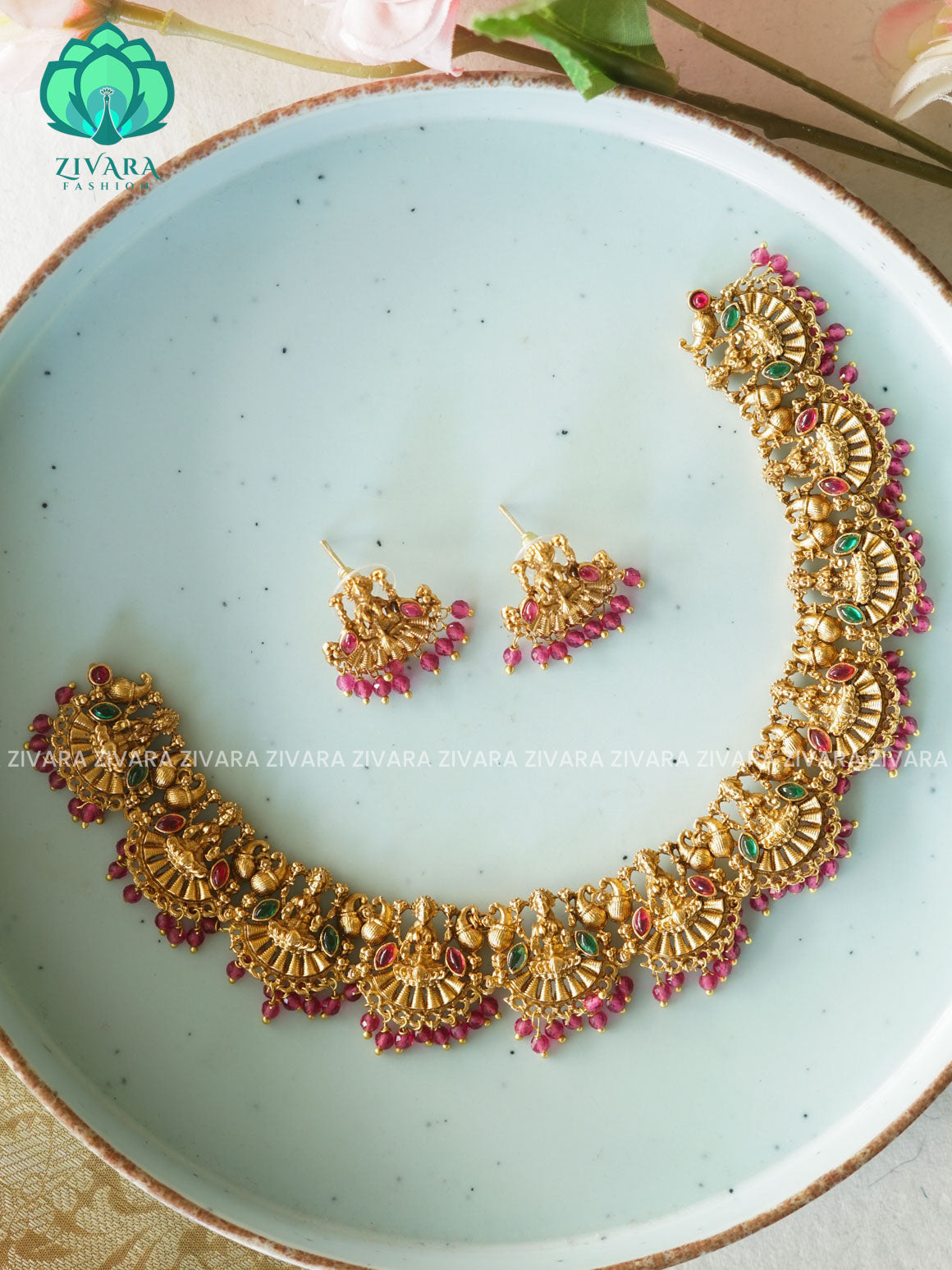 RUBY  BEADS TEMPLE  - Normal matte NECKWEAR  with earrings-latest south indian jewellery