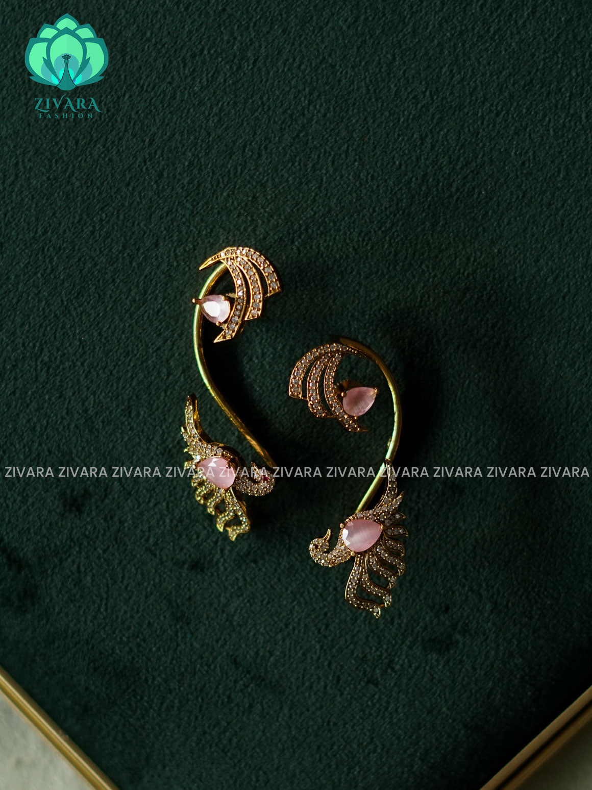 PASTEL PINK WHITE PEACOCK STYLISH SEMI EARCUFF latest jewellery collection- zivara fashion