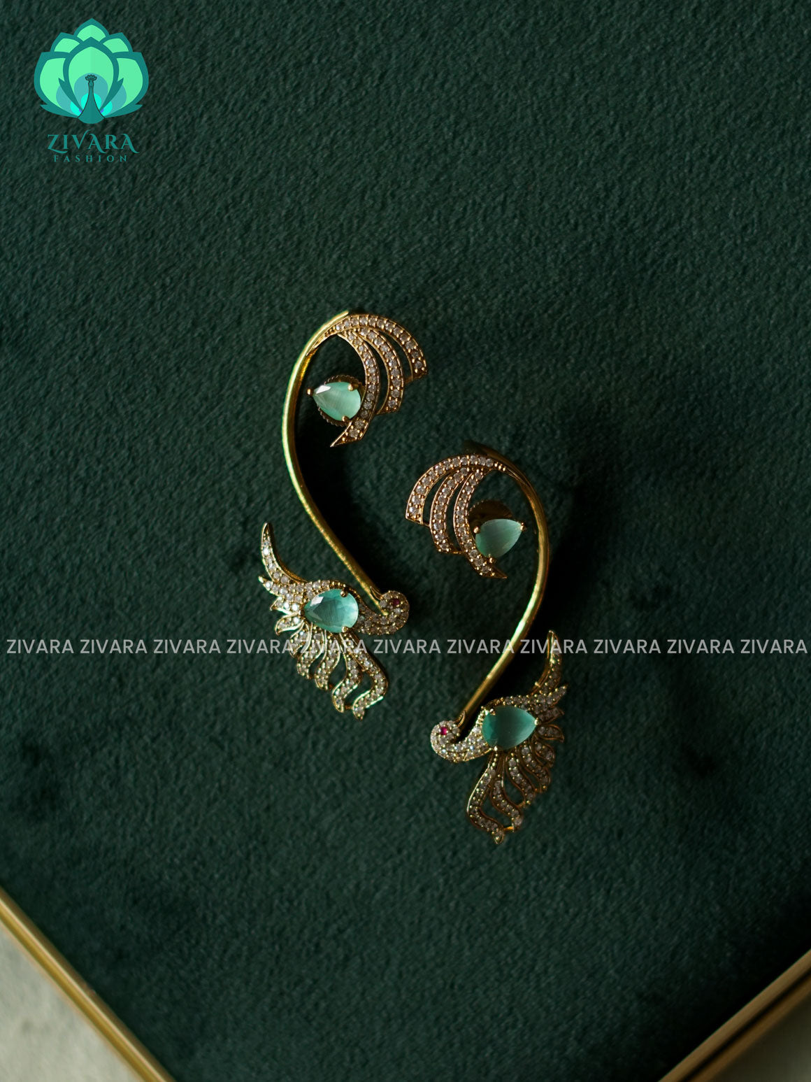 PASTEL GREEN  WHITE PEACOCK STYLISH SEMI EARCUFF latest jewellery collection- zivara fashion