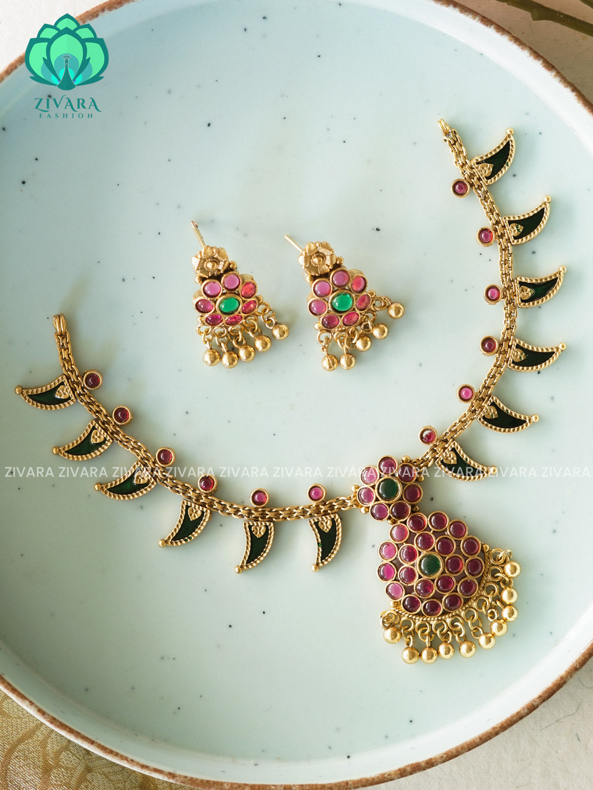 Traditional south indian NORMAL MATTE neckwear with earrings - Zivara Fashion