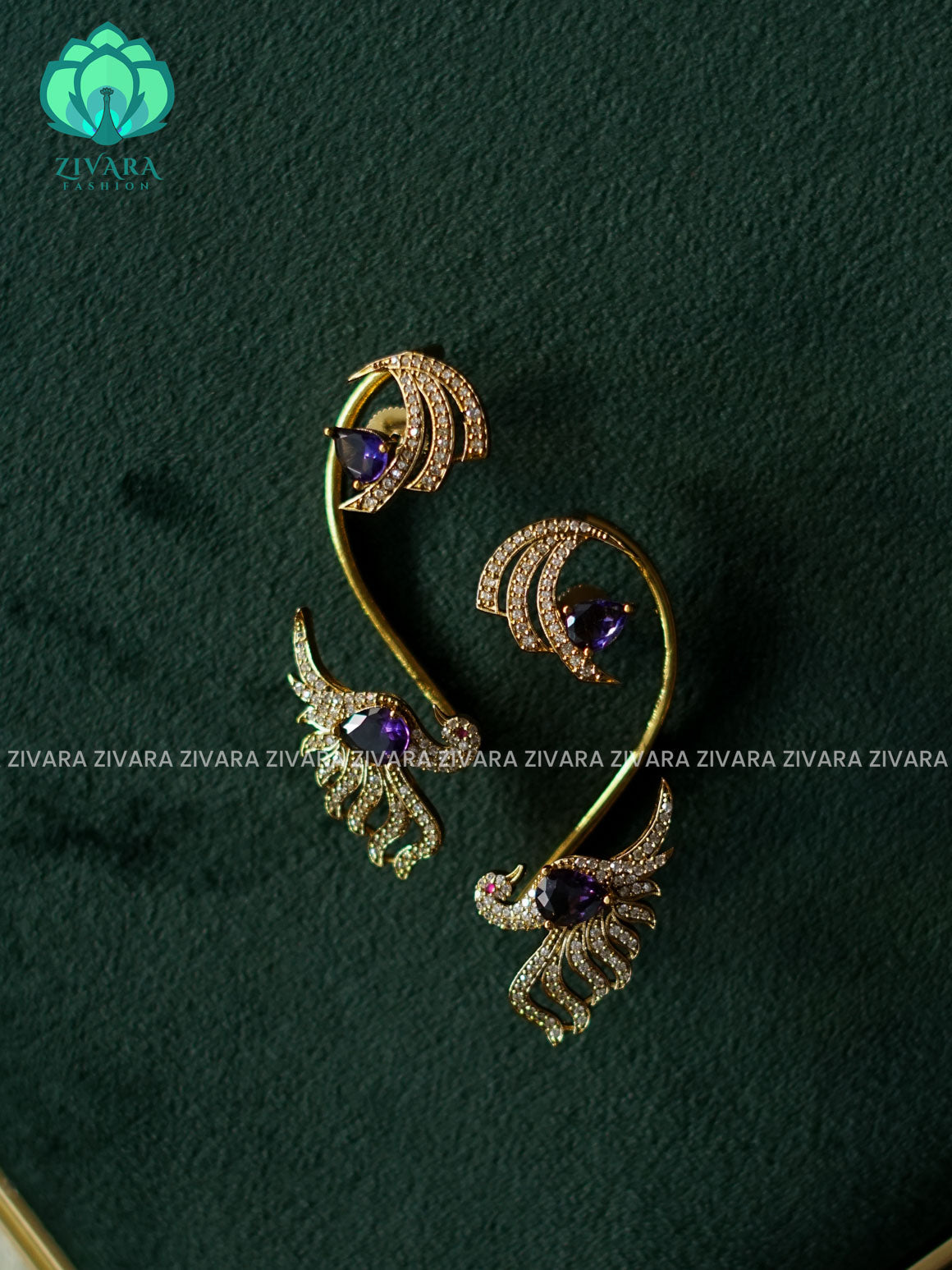PURPLE WHITE PEACOCK STYLISH SEMI EARCUFF latest jewellery collection- zivara fashion