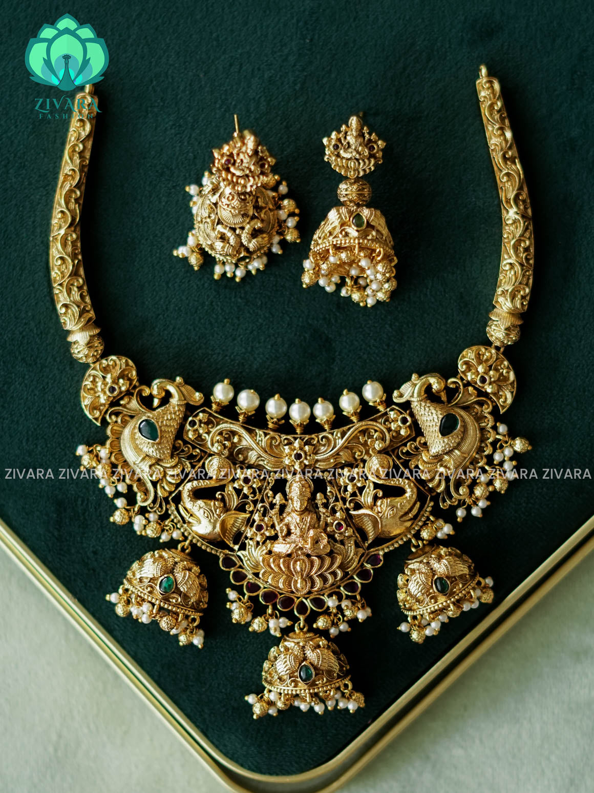 AKSHAYAM - BRIDAL HEAVY TEMPLE NECKWEAR  - premium neckwear with earrings- Zivara Fashion- latest jewellery design