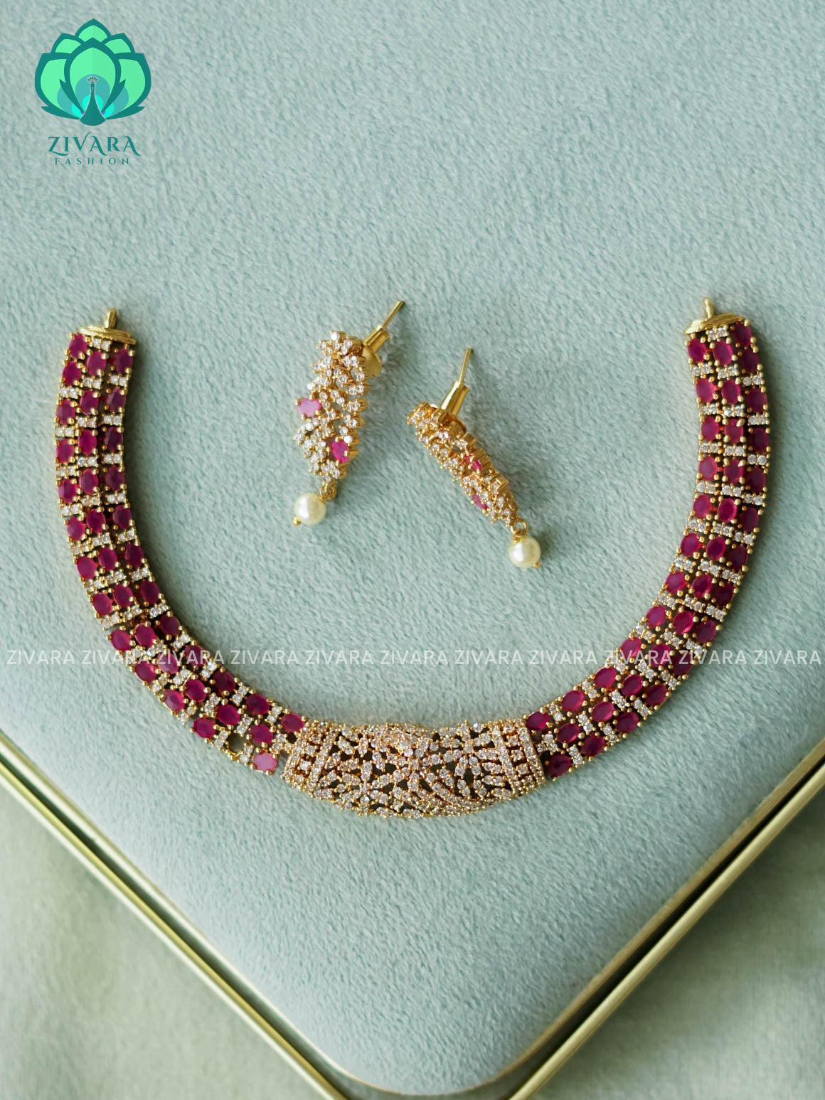 AKSHAYAM - RUBY MOZANITE STONE ELEGANT NECKWEAR - stylish  PREMIUM neckwear with earrings- Zivara Fashion