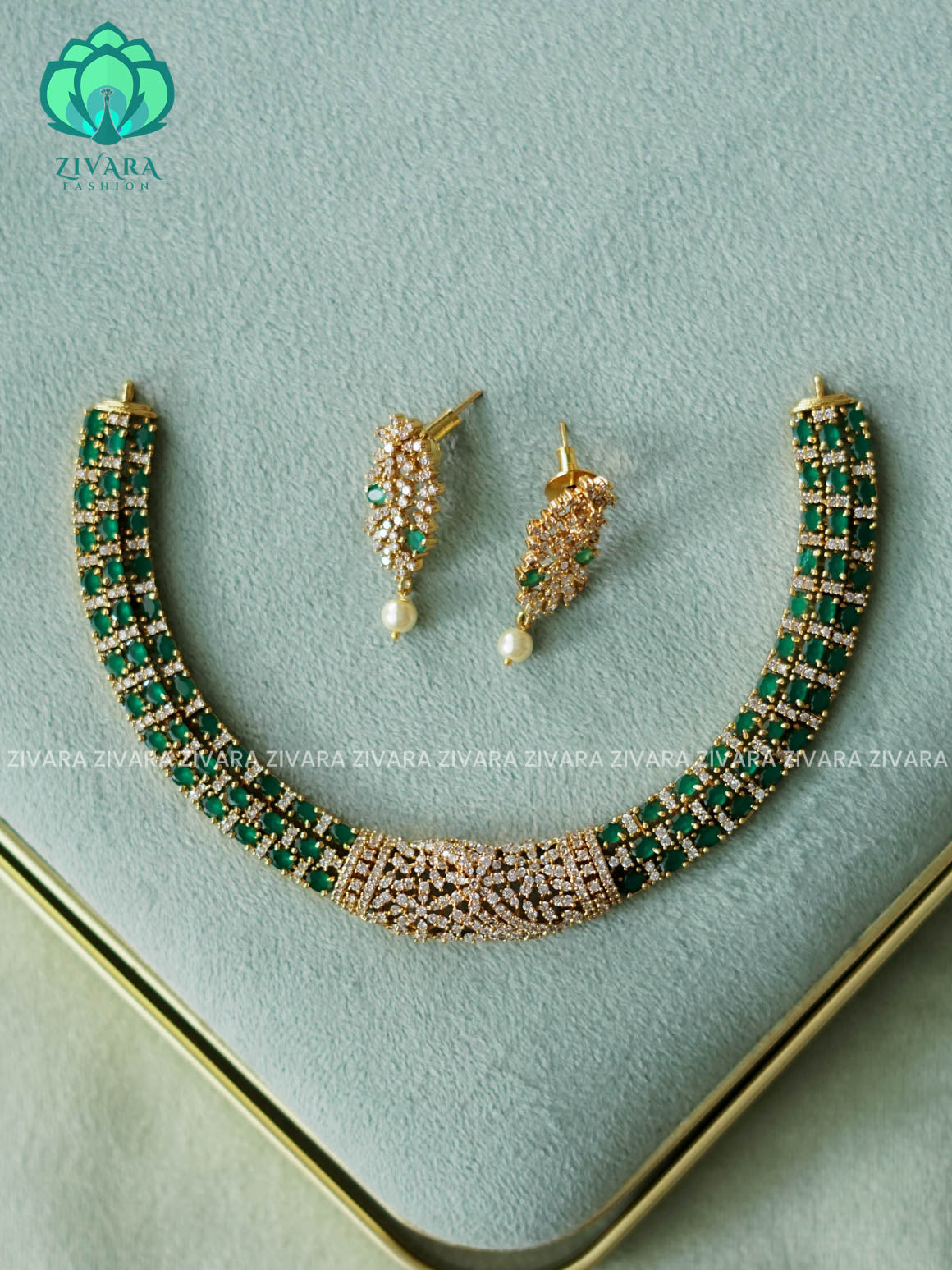 AKSHAYAM - GREEN  MOZANITE STONE ELEGANT NECKWEAR - stylish  PREMIUM neckwear with earrings- Zivara Fashion