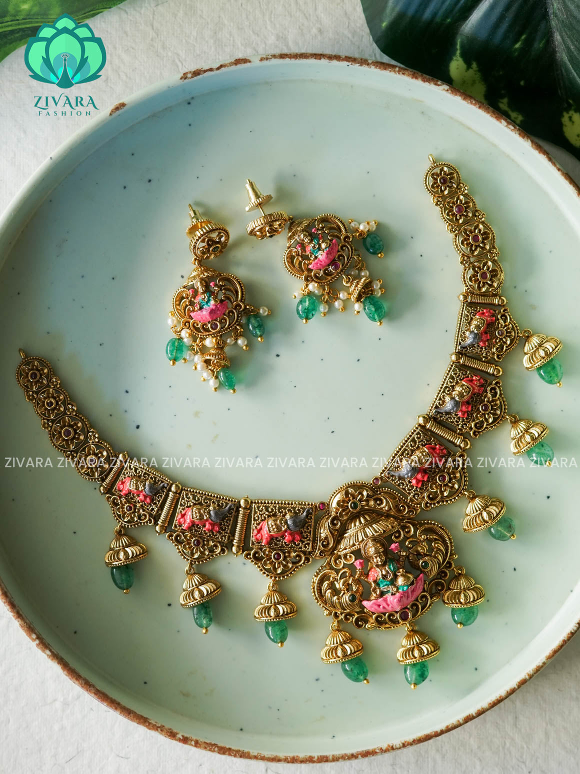 MADHURYA -  GRAND BRIDAL VINTAGE FINISH  handpainted - Traditional south indian premium neckwear with earrings- Zivara Fashion- latest jewellery design