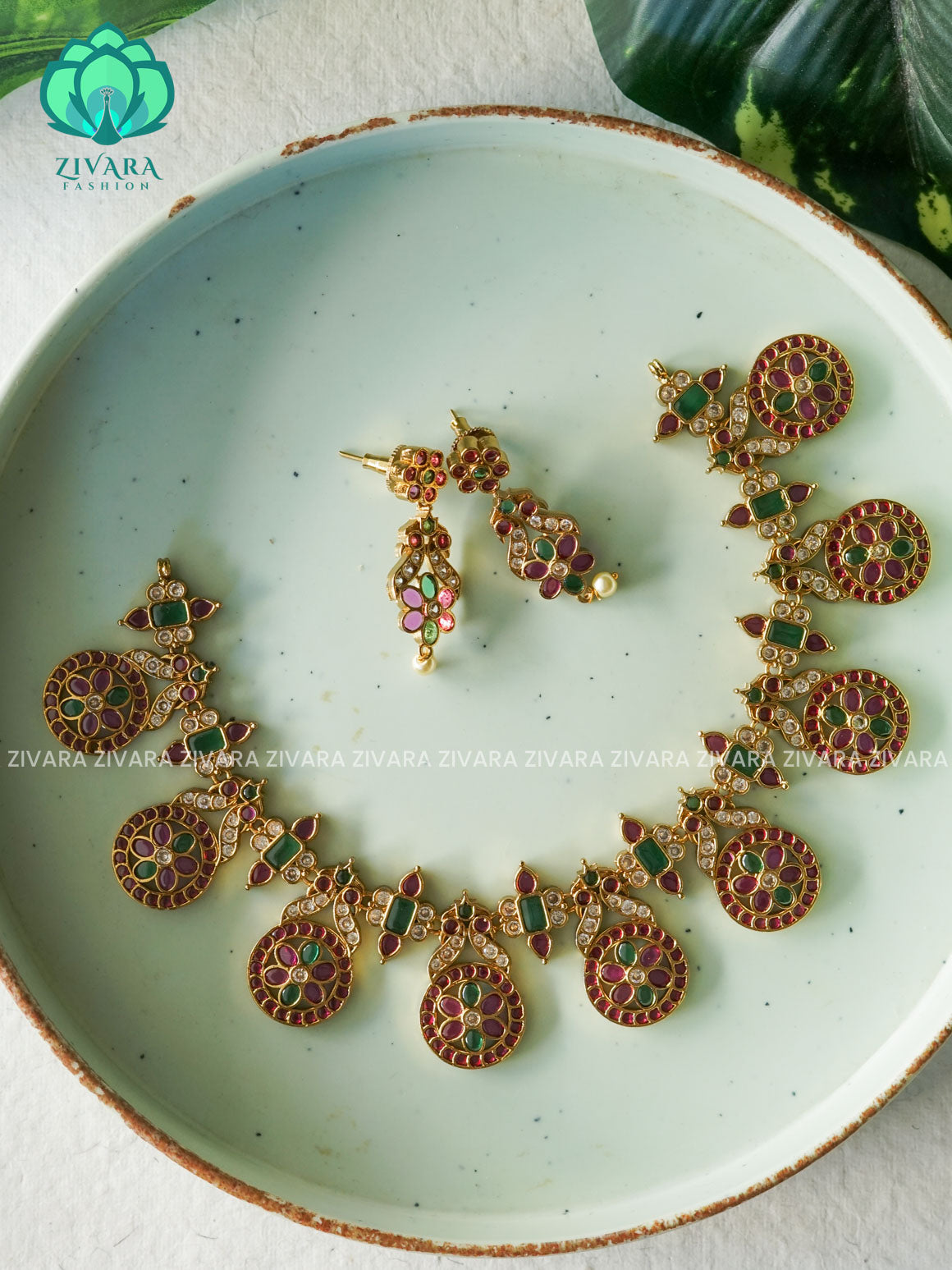 ROUND BUTTA REAL KEMP NECKLACE-Traditional south indian premium neckwear with earrings- Zivara Fashion- latest jewellery design