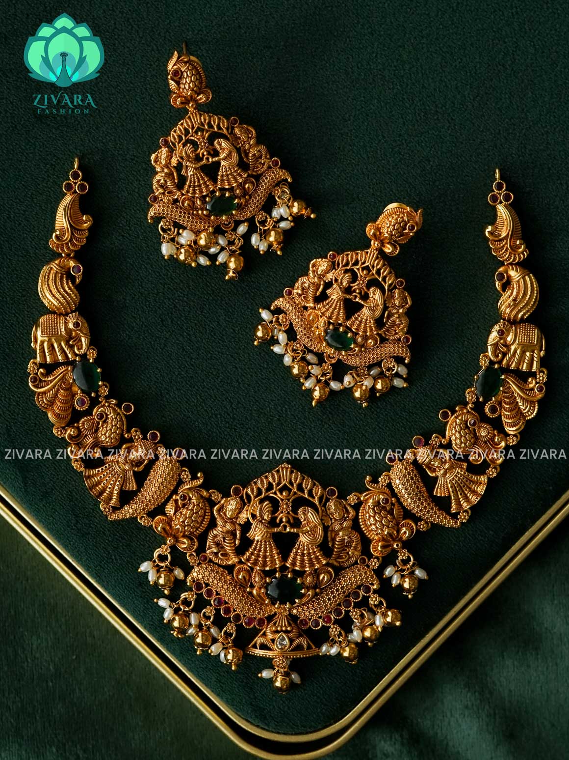 AKSHAYAM -  GREEN STONE PELLIKUTHURU NECKWEAR WITH  HANGINGS  - Traditional south indian premium neckwear with earrings- Zivara Fashion- latest jewellery design.