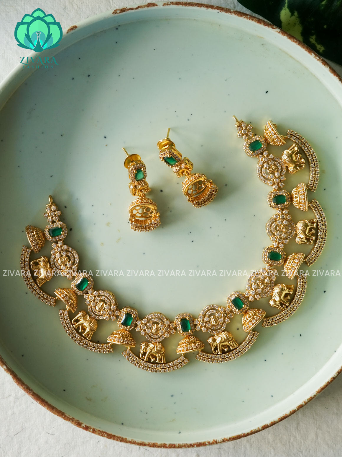 ELEPHANT - Traditional south indian PREMIUM MATTE neckwear with earrings - Zivara Fashion