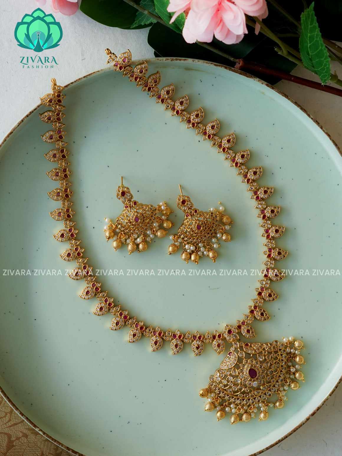 RUBY GREEN STONE MANGO - Traditional PREMIUM MATTE polish MIDCHEST haaram/neckwear with earrings- Zivara Fashion