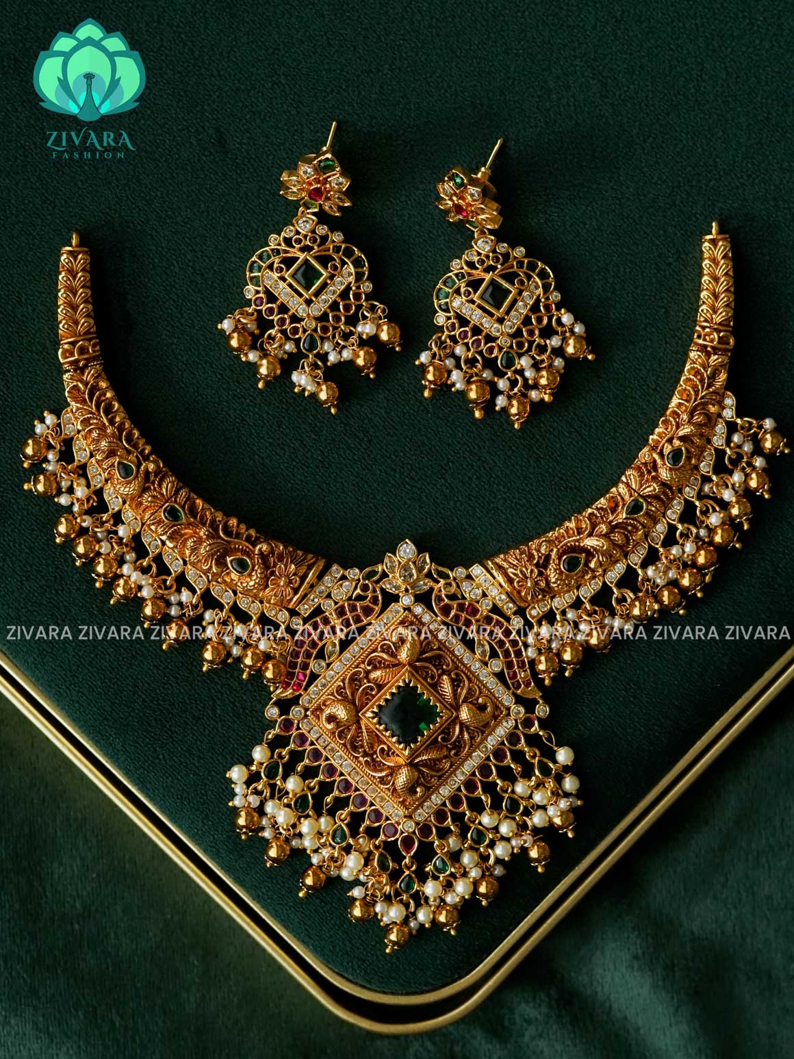 Akshayam - BRIDAL HASLI  NECKWEAR WITH HANGINGS  -Traditional south indian premium neckwear with earrings- Zivara Fashion- latest jewellery design