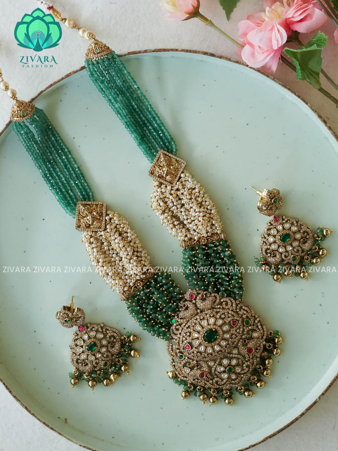 GRAND GREEN BEADS BRIDAL JADAU AND   - Traditional PREMIUM MATTE polish MIDCHEST haaram/neckwear with earrings- Zivara Fashion (Copy)