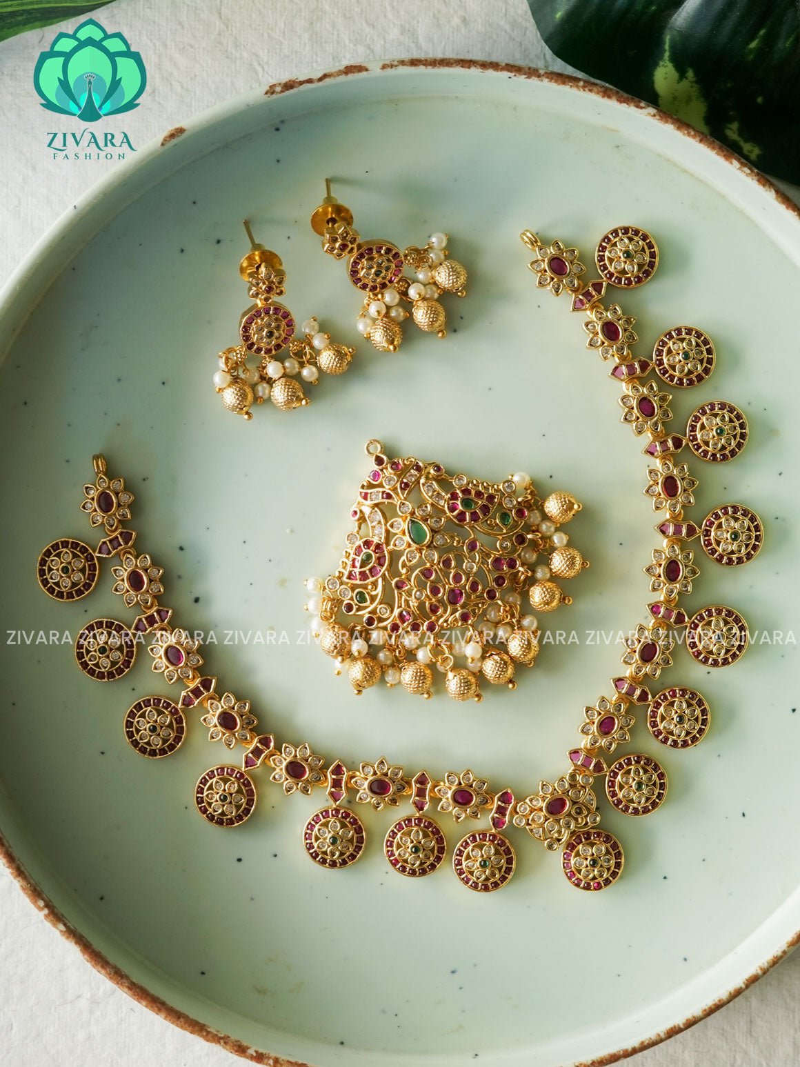 REAL KEMP INTER CHANGABLE PENDANT Traditional south indian premium neckwear with earrings- Zivara Fashion- latest jewellery design