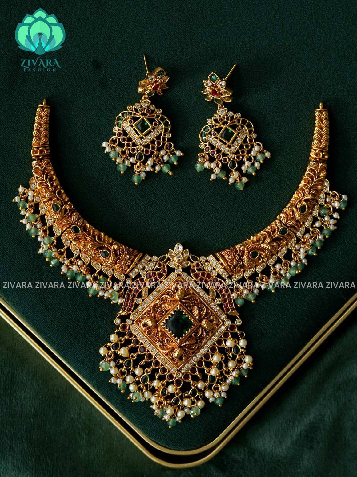 Akshayam - BRIDAL HASLI  NECKWEAR WITH HANGINGS  -Traditional south indian premium neckwear with earrings- Zivara Fashion- latest jewellery design