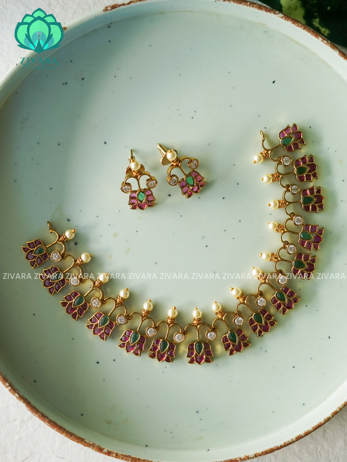 REAL KEMP ROSE NECKLACE  Traditional south indian premium neckwear with earrings- Zivara Fashion- latest jewellery design