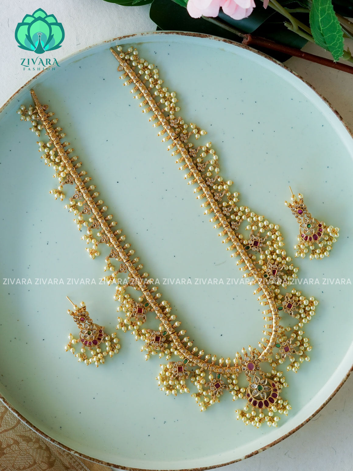 GUTTAPUSALU - Traditional PREMIUM MATTE polish MIDCHEST haaram/neckwear with earrings- Zivara Fashion