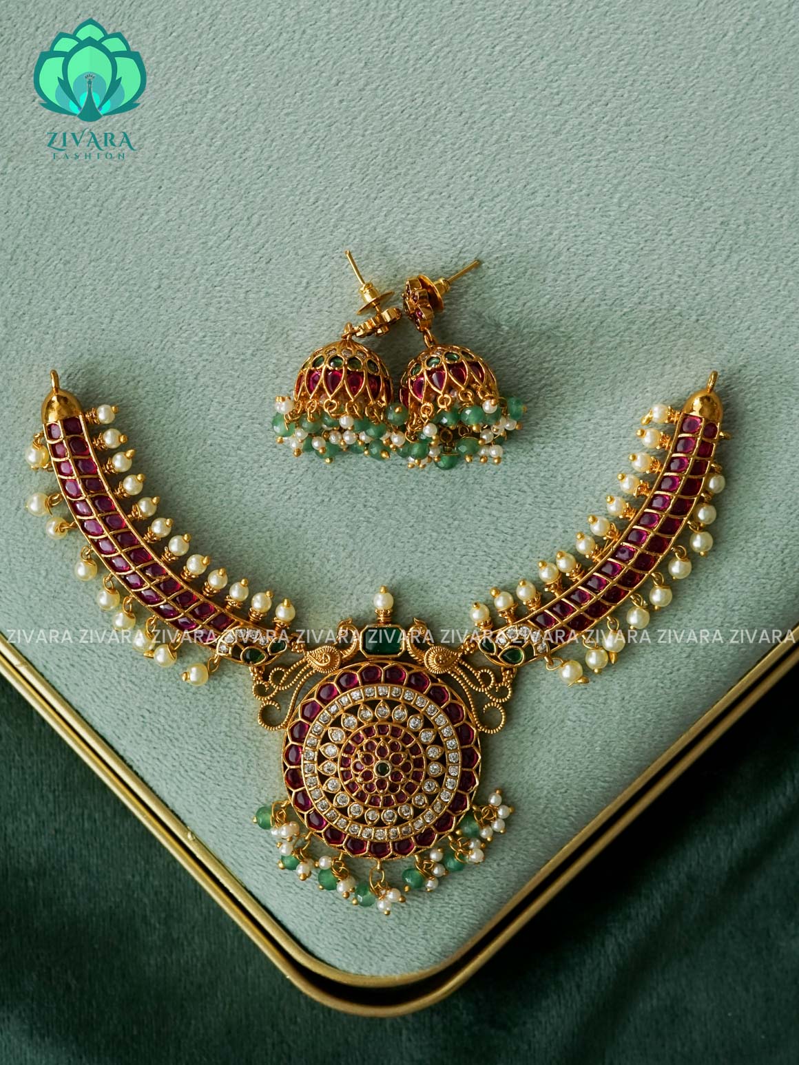 REAL KEMP BUTTA HASLI NECKLACE wity green beads hangings - Traditional south indian premium neckwear with earrings- Zivara Fashion- latest jewellery design