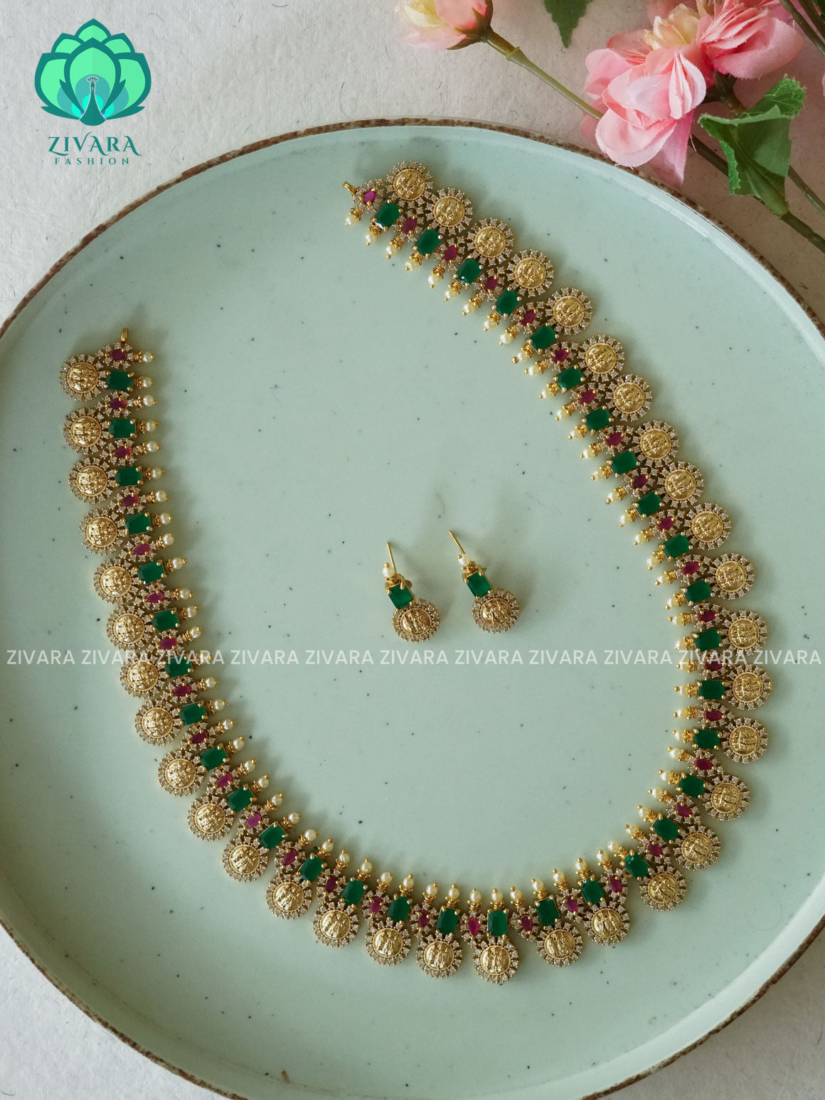 GREEN RAM PARIVAR  - Traditional PREMIUM MATTE polish MIDCHEST haaram/neckwear with earrings- Zivara Fashion
