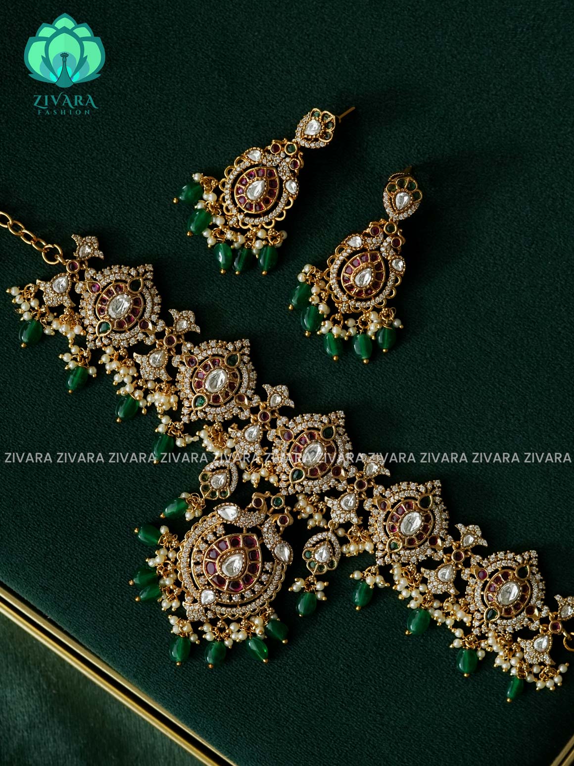 PEACOCK HEAVY BRIDAL CHOKER WITH GREEN BEADS HANGINGS -  TRADITIONAL CHOKER COLLECTION - LATEST JEWELLERY COLLECTION - ZIVARA FASHION
