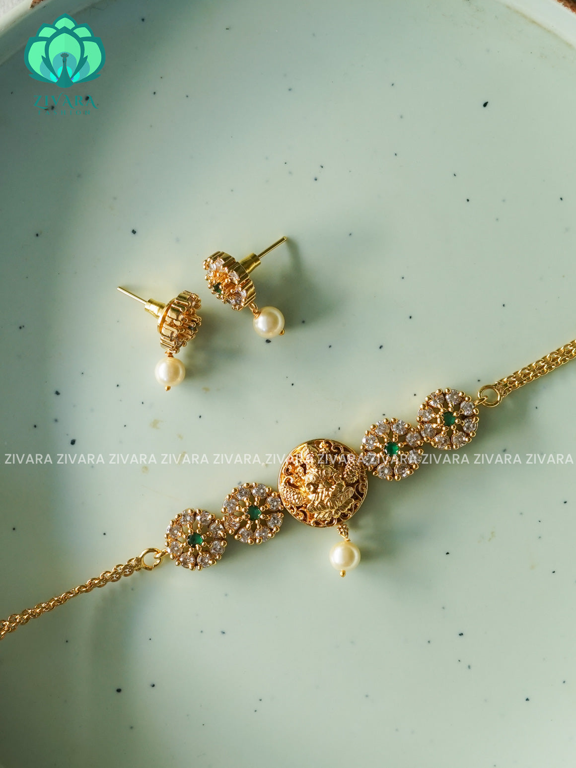 GREEN  TEMPLE KIDS  EXCLUSIVE (3 INCH PLUS EXTENSION) CHOKER  WITH EARRINGS- LATEST JEWELLERY COLLECTION