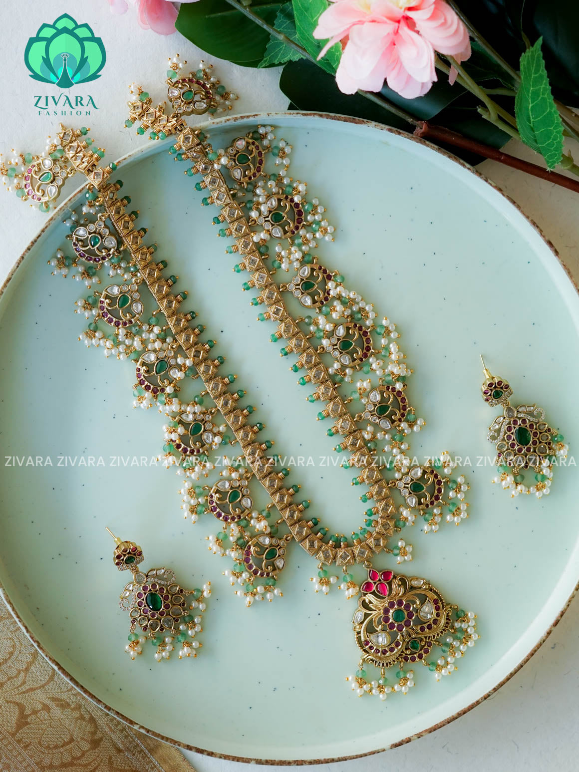 JADAU GREEN BEADS TEMPLE BRIDAL - Traditional PREMIUM MATTE polish MIDCHEST haaram/neckwear with earrings- Zivara Fashion