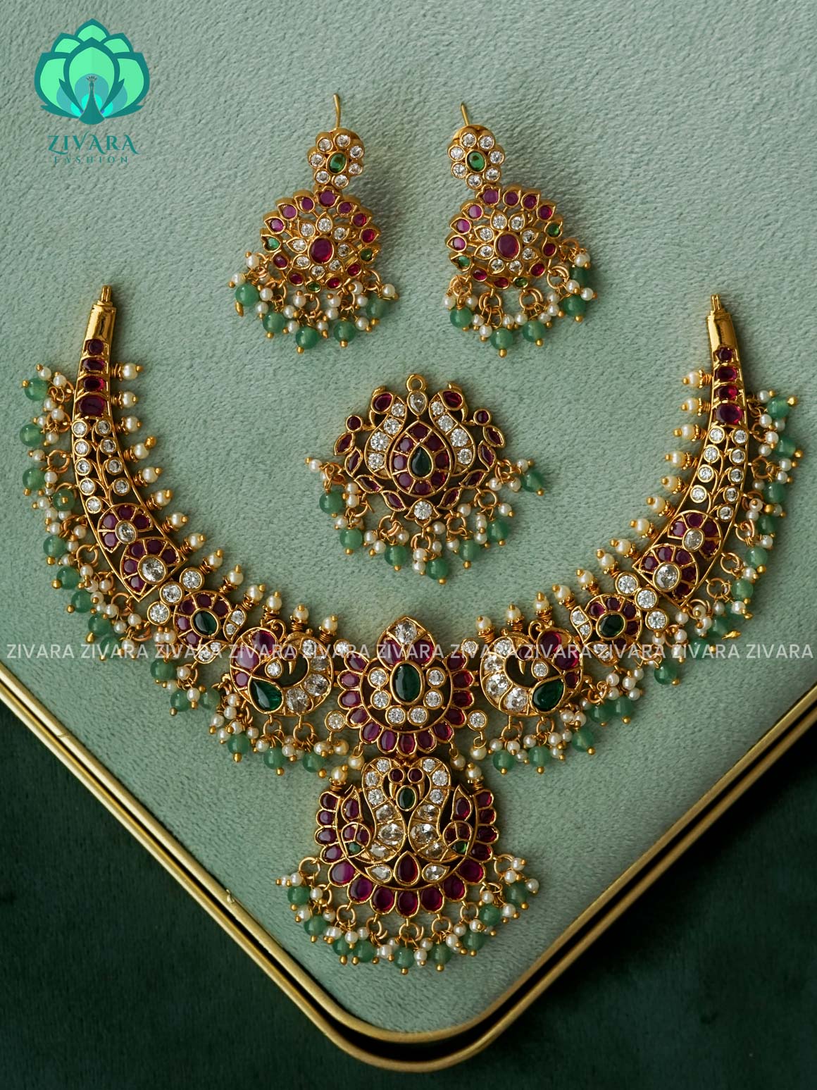 AKSHAYAM - REAL KEMP BRIDAL HASLI  CHANGEABLE PENDANT neckwear with green beads hangings- Zivara Fashion