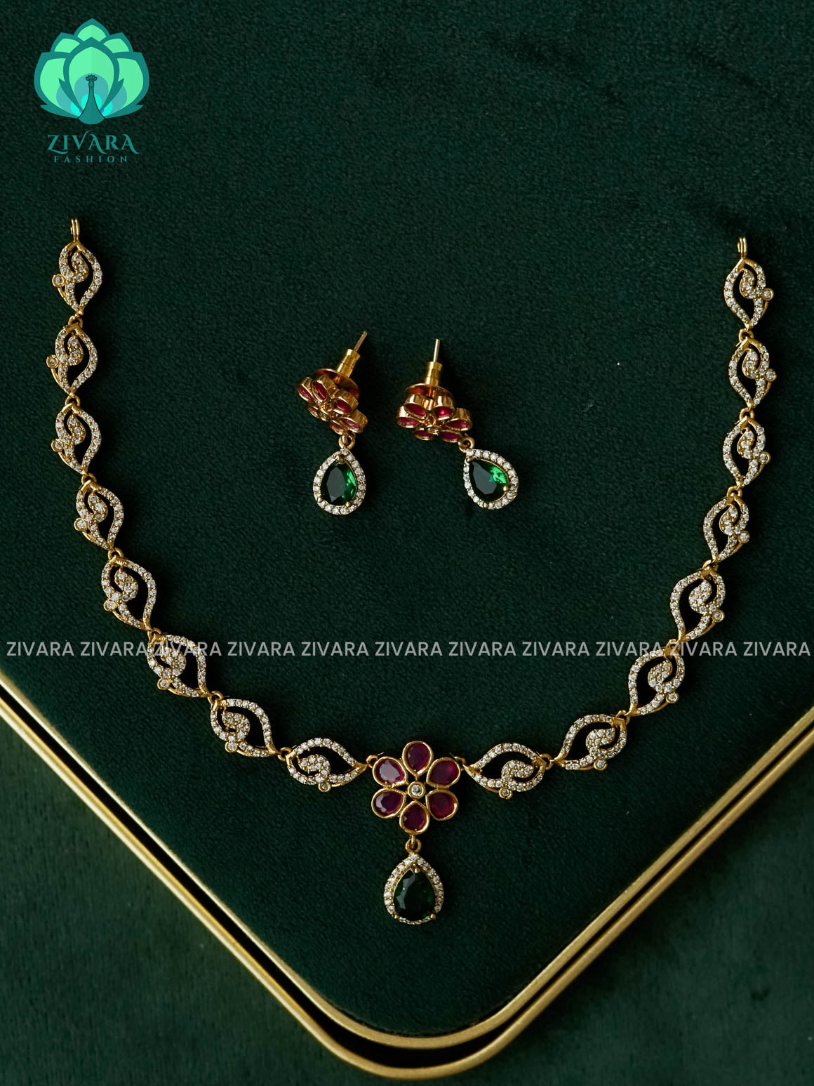 Kanya -  RUBY FLOWER GREEN TEAR DIAMOND REPLICA NECKWEAR- SUBTLE POLISH stylish and minimal elegant neckwear - Zivara Fashion