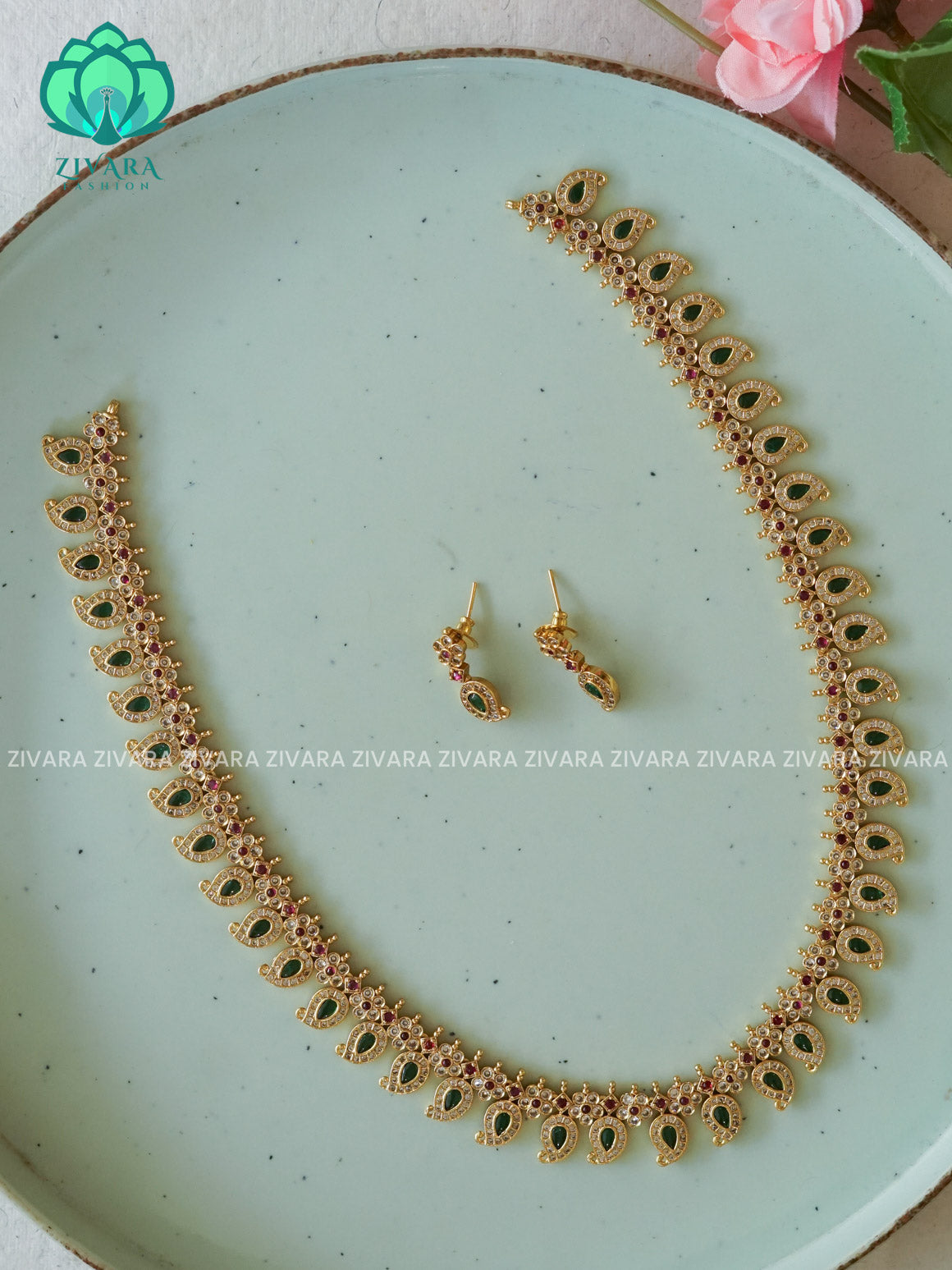 DARK GREEN MANGO - Traditional PREMIUM MATTE polish MIDCHEST haaram/neckwear with earrings- Zivara Fashion